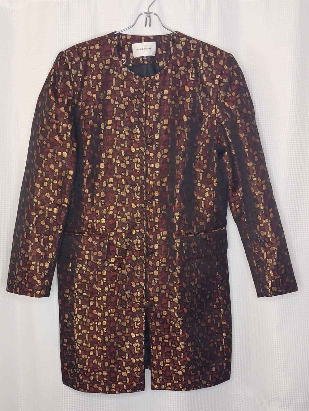 Terramina Women's Metallic Burgundy Gold Patterned Coat / Size 12